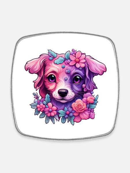 Floral dog motif in pastel colours - Square fridge magnet - white