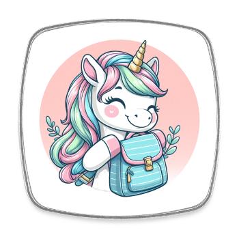 Einhorn Pastell Unicorn mit Schulranzen - Viereckiger Kühlschrankmagnet - Weiß - Vorne