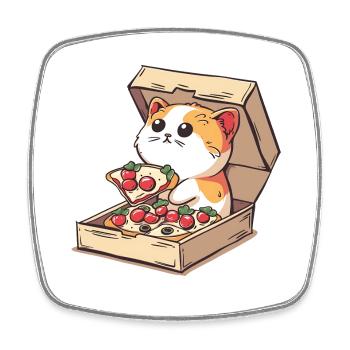 Chat à l’intérieur d’une boîte à pizza tenant une tranche de pizza - Magnet carré - blanc - Devant