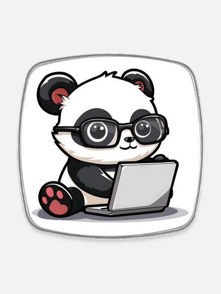 Panda Dessin animé travaillant sur un ordinateur portable avec des lunettes - Magnet carré - blanc
