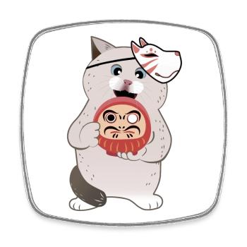 Süße Katze hält Daruma mit Kabuki Maske - Viereckiger Kühlschrankmagnet - Weiß - Vorne