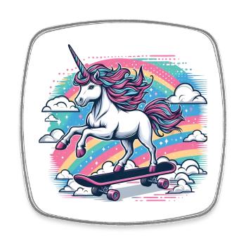 Regenbogen Einhorn Skateboard - Viereckiger Kühlschrankmagnet - Weiß - Vorne