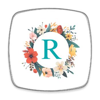 R Monogramm, Blumen-Kranz, personalisierbar - Viereckiger Kühlschrankmagnet - Weiß - Vorne