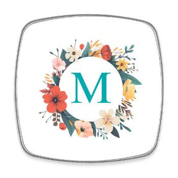 M Monogram, Couronne de fleurs, Personnalisable - Magnet carré - blanc - Devant