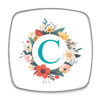 C Monogram, Couronne de fleurs, Personnalisable - Magnet carré - blanc - Devant