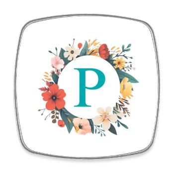 P Monogram, Couronne de fleurs, Personnalisable - Magnet carré - blanc - Devant