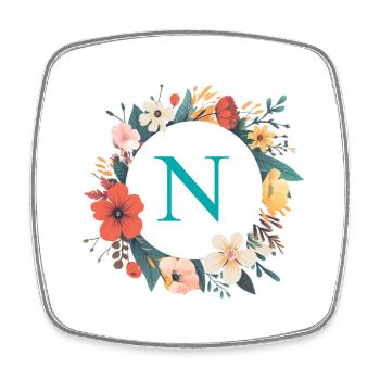 N Monogram, Couronne de fleurs, Personnalisable - Magnet carré - blanc - Devant