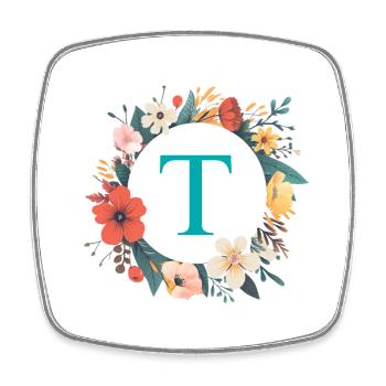T Monogram, Couronne de fleurs, Personnalisable - Magnet carré - blanc - Devant