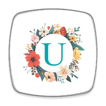 U Monogram, Couronne de fleurs, Personnalisable - Magnet carré - blanc - Devant