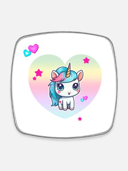 Licorne mignonne avec cœur pastel - Magnet carré - blanc