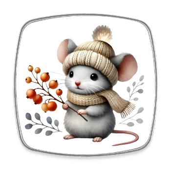 süße Maus mit einer Strickmütze,Schal und Beeren - Viereckiger Kühlschrankmagnet - Weiß - Vorne