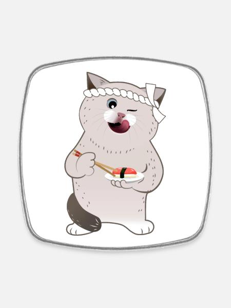 Cute Chubby Cat Holding Sushi - Square fridge magnet - white