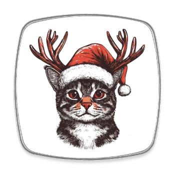 Chat avec chapeau de Noël et bois Noël - Magnet carré - blanc - Devant