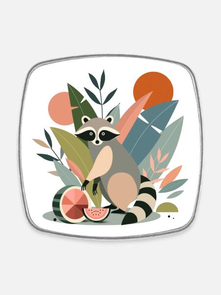 Raton laveur aux plantes tropicales et melons - Magnet carré - blanc