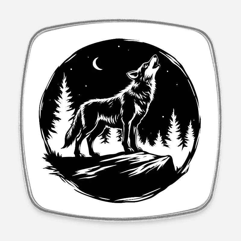 Schwarz-Weiß-Schablone: Heulender Wolf auf einem Felsen - Viereckiger Kühlschrankmagnet - Weiß