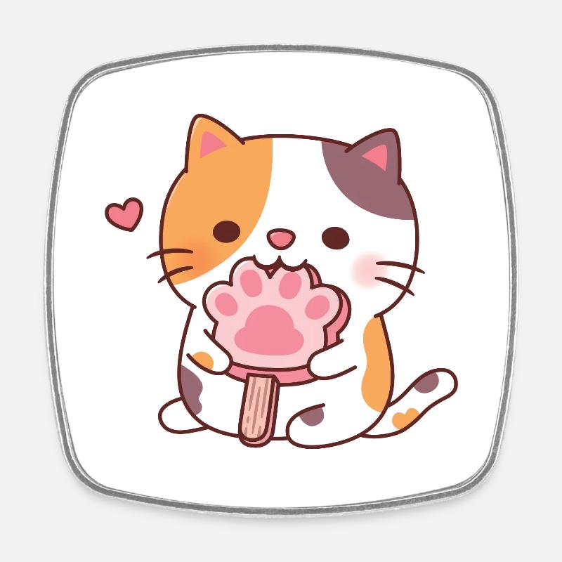 Chat calicot mignon mangeant de la glace à la patte de chat - Magnet carré - blanc