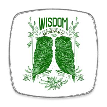 Wisdom Before Wealth – Symbolic Owls - Square fridge magnet - white - Front