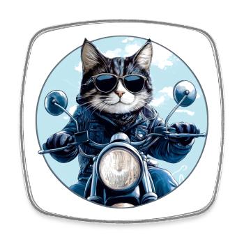 Katze Motorradfahrer - Viereckiger Kühlschrankmagnet - Weiß - Vorne