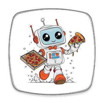 PizzaRobot – Multitasking Robot Delivering Pizza - Square fridge magnet - white - Front