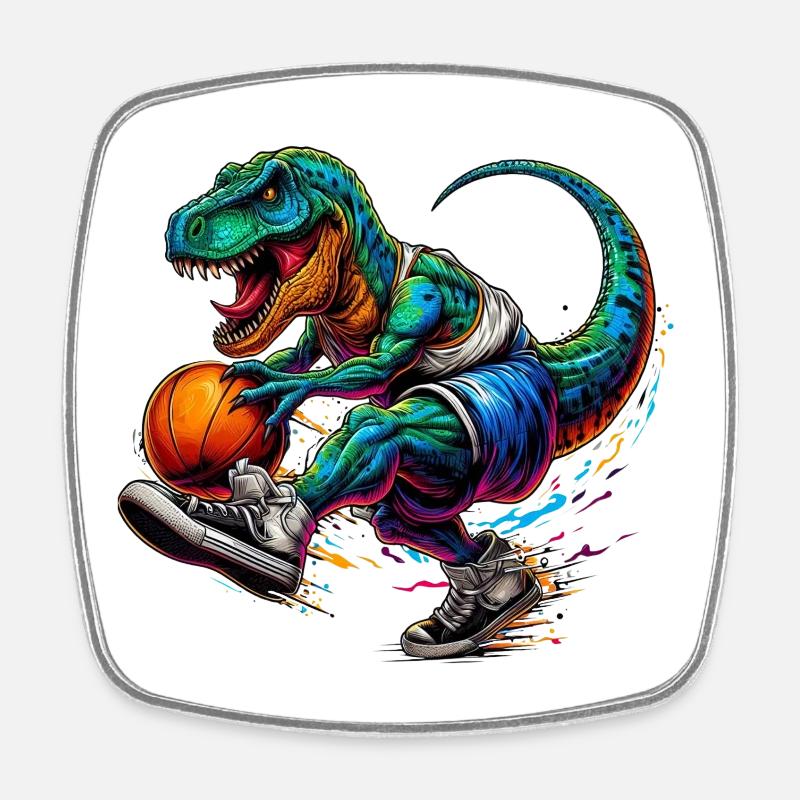 SSW34 Dino avec basket-ball - Magnet carré - blanc