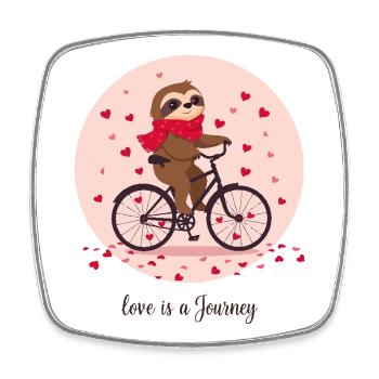 “Love Is a Journey” Sloth on Heart Bike Hearts - Square fridge magnet - white - Front