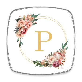 P Monogram, Couronne de fleurs, Personnalisable - Magnet carré - blanc - Devant