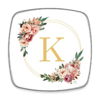 K Monogram, Couronne de fleurs, Personnalisable - Magnet carré - blanc - Devant