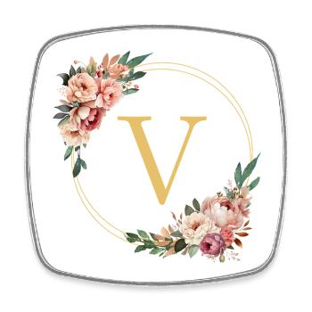 V Monogram, Couronne de fleurs, Personnalisable - Magnet carré - blanc - Devant