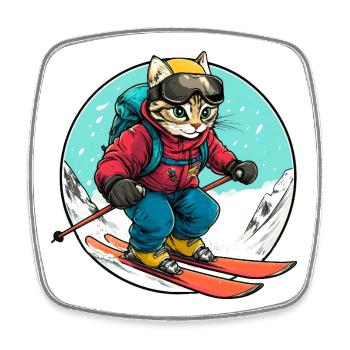 Katzen Ski / Skifahrer Katze - Viereckiger Kühlschrankmagnet - Weiß - Vorne