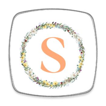 S monogramme, Couronne de fleurs, Personnalisable - Magnet carré - blanc - Devant