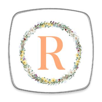 R Monogram, Couronne de fleurs, Personnalisable - Magnet carré - blanc - Devant