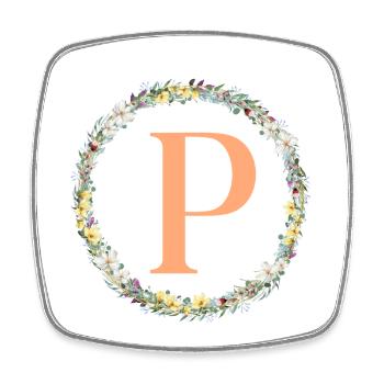 P Monogram, Couronne de fleurs, Personnalisable - Magnet carré - blanc - Devant