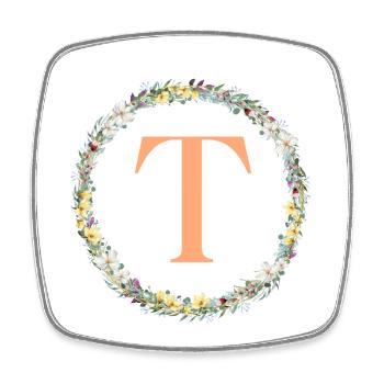 T Monogram, Couronne de fleurs, Personnalisable - Magnet carré - blanc - Devant