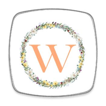 W Monogram, Couronne de fleurs, Personnalisable - Magnet carré - blanc - Devant