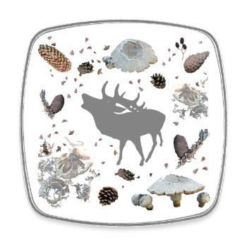 Cerf aux pommes de pin et champignons - Magnet carré - blanc - Devant