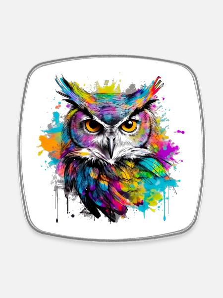 Our owl with colorful splashes of color - Square fridge magnet - white