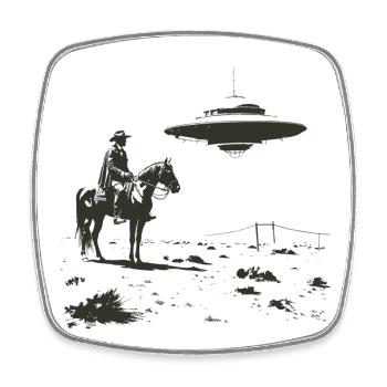 Cowboy trifft UFO – Wildwest Alien Begegnung - Viereckiger Kühlschrankmagnet - Weiß - Vorne