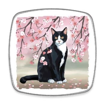 Cherry Blossom Cat: Pink Sakura Flowers, Black Cat - Square fridge magnet - white - Front