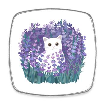 Cute White Cat Among Lavender Flowers, Cottagecore - Square fridge magnet - white - Front