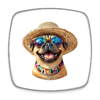 Fröhlicher Mops mit Sonnenbrille & Strohhut - Viereckiger Kühlschrankmagnet - Weiß - Vorne