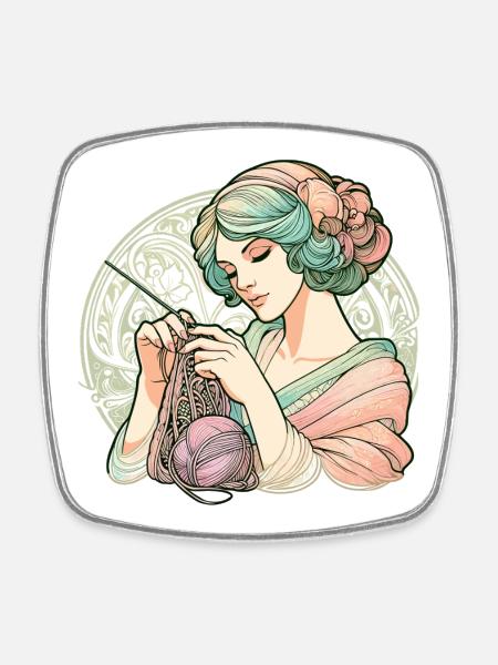 Knitting Woman Art Nouveau Gift - Square fridge magnet - white