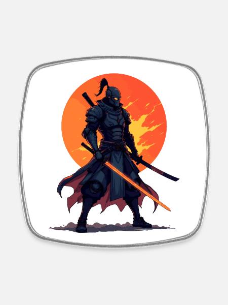 Dark Ninja Warrior with Fiery Blade - Square fridge magnet - white