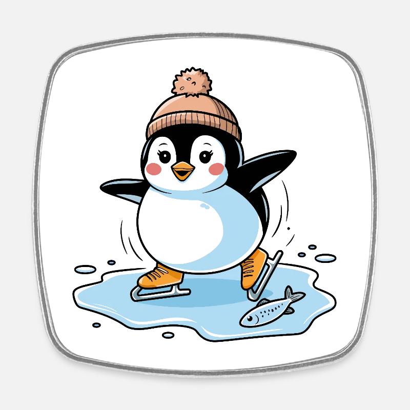 Schlittschuh-Pinguin - Viereckiger Kühlschrankmagnet - Weiß