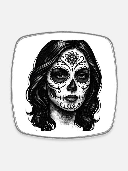 Portrait of a Woman with Sugar Kalavera - Square fridge magnet - white