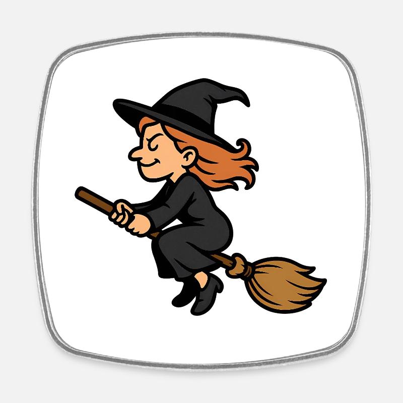 Funny Witch on Broom – Cartoon Witch Motif - Square fridge magnet - white