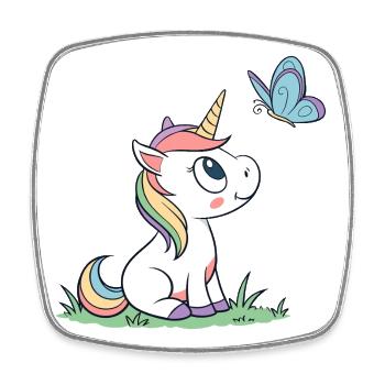 Cute Curious Baby Unicorn and Butterfly mag v01 - Square fridge magnet - white - Front