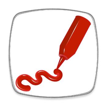Ketchup-Flasche mit Schwung - witziges Food-Design - Viereckiger Kühlschrankmagnet - Weiß - Vorne