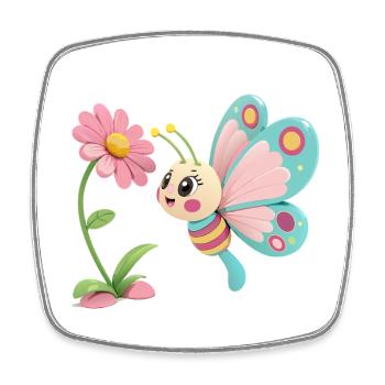 Papillon joyeux face à une fleur - Magnet carré - blanc - Devant
