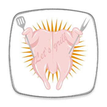 Rohes Hänchen mit Grillbesteck-Lustiges Grillmotiv - Viereckiger Kühlschrankmagnet - Weiß - Vorne