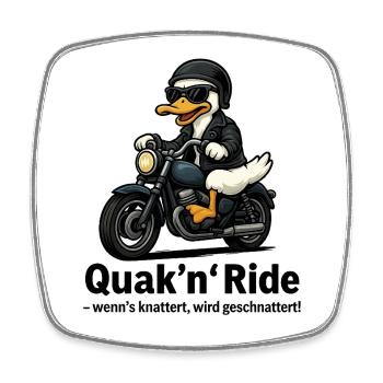 Quak'n'Ride – Motorcycle Duck with Saying - Square fridge magnet - white - Front